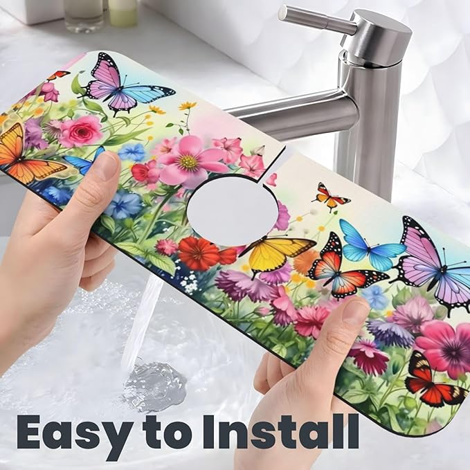 Butterfly Floral Garden 15" X 5.5" Kitchen Sink Splash Guard, Faucet Guard Draining Mat, Faucet Suction Pad For Kitchen Bathroom