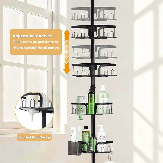 Shower Pole Caddy Corner, 4-Tier Adjustable Shower Shelves with Soap Holder & Hooks, Standing Shower Caddy Corner for Renters/Family, Self-Adhesive or Drill Mount 30-75 Inch, Black