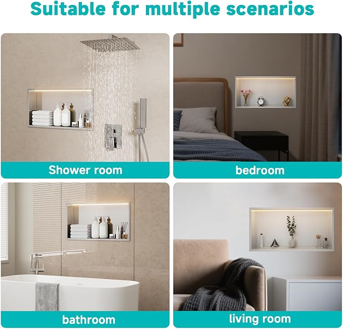 Stainless Steel Shower Niche with LED Lights 12" x 24" Recessed Wall Niche, No Tile Needed Bathroom Storage Shelf (Brushed)