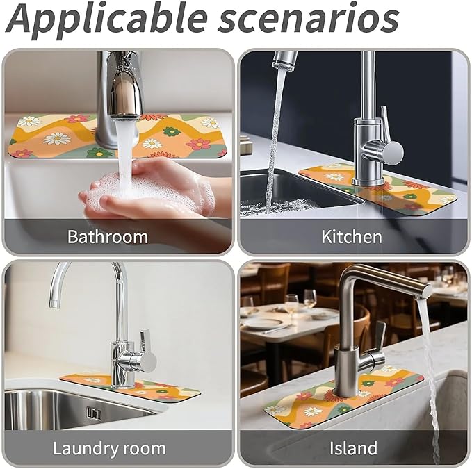 Faucet Draining Mat For Kitchen Sink, 70s Groovy Flowers Diatom Mud Absorbent Drain Pad For Bathroom Kitchen Sink Splash Guard Drying Mat