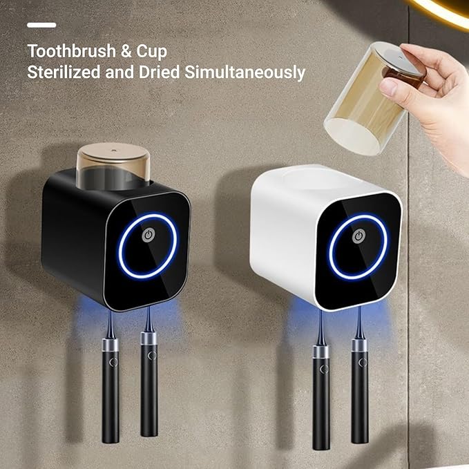 Toothbrush Holders for Bathroom, LED Toothbrush Cleaner Smart Home Bathroom Accessory Wall Mounted with Timer Function (Black)