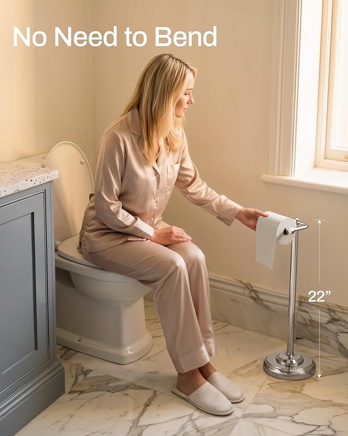 Freestanding Toilet Paper Holder Stand - Rustproof 304 Stainless Steel with Heavy Duty Weighted Base (4.8lbs), 22" Height Pivot Arm Tissue Roll Dispenser, Fits Mega Rolls - Chrome Finish