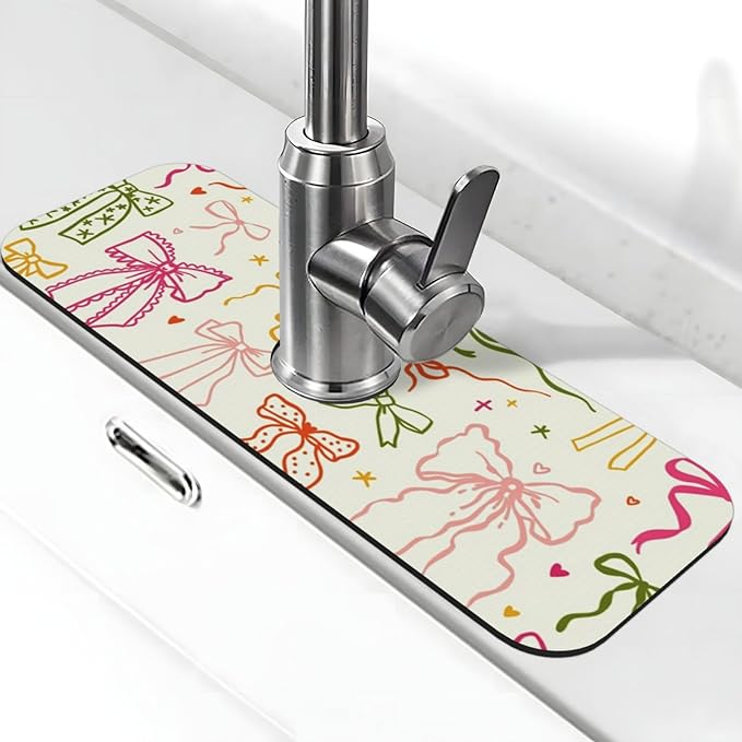 Colorful Bow 15" X 5.5" Kitchen Sink Splash Guard, Faucet Guard Draining Mat, Faucet Suction Pad For Kitchen Bathroom