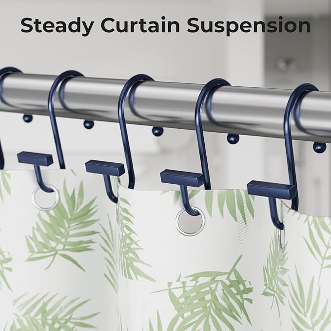 Navy Blue Shower Curtain Hooks, Bathway Shower Curtain Rings Rust Proof, 12PCS Shower Hooks for Shower Curtain, T-Bar Design Convenient Elegant Shower Curtain Hangers for Bathroom Kitchen Wardrobe