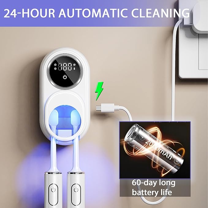 Wall Mounted Toothbrush Holder with Auto-Inductive Cover,Clean, Dry,LED Smart Screen,Electric Toothbrush Holder with 2 Toothbrush Slots for Home, Travel,Toothbrush Holders for Bathrooms (White)
