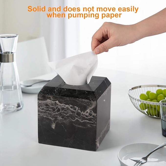 WORHE Tissue Box Cover Italy Natural Marble Heavy Duty Square Facial Toilet Paper Holder for Bathroom Living Room Bedroom Dresser Kitchen Minimalistic Office Home Decor Black (WH013)