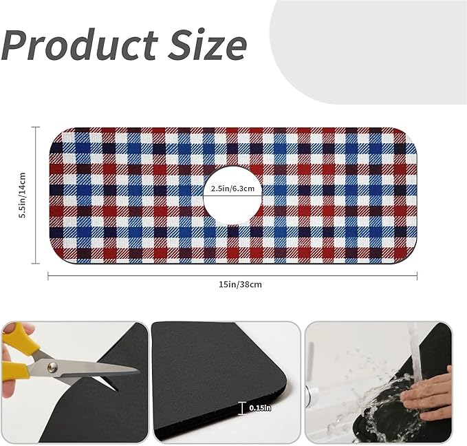 Kitchen Sink Splash Guard，Red white blue gingham Faucet Mat Sink Gadgets-Super Absorbent Fast Drying Mat Drip Catcher for Kitchen, Bathroom,Sink Mat, Dish Drying Mat, Bathroom(15" X 5.5" )