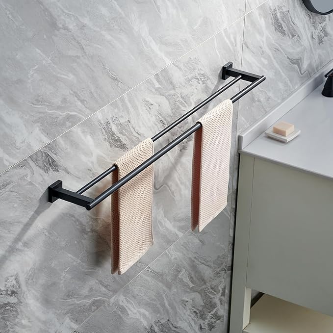 Miyili Matte Black Double Bath Towel Bar 36-Inch Stainless Steel Hand Towel Rack for Bathroom Wall Mount, A02B90B