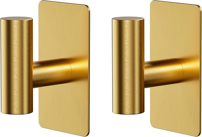 Towel Hooks for Bathrooms – 2 Pack, Brushed Gold Finish, T-Shaped Stainless Steel Adhesive Wall Hooks for Robes & Towels in Kitchen, Shower, or Closet