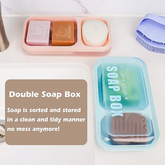 Extra Large Double Soap Dish with Lid, Self Draining Soap Holder and Saver for Bathroom Shower, Soap Box for Bar Soap, Shampoo and Conditioner Bars Drip Tray (Light Blue)