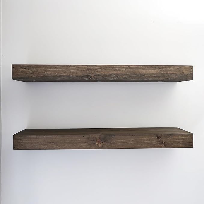 Urbandi Modern Floating Shelves 3 Inches Thick for Wall, Wide Shelves for Kitchen, Living Room, Bedroom, and Bathroom, Natural Pine Wood, Rustic Wooden Shelf, (Set of 2) (Jacobean, 60Lx3Hx6D)