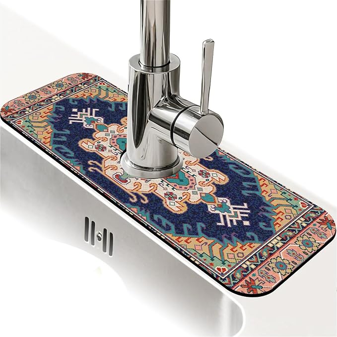 Faucet Draining Mat For Kitchen Sink, Ethnic Floral Diatom Mud Absorbent Drain Pad For Bathroom Kitchen Sink Splash Guard Drying Mat