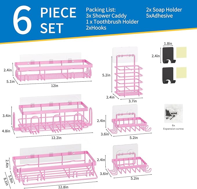 Shower Caddy 9 Pack,Adhesive Organizer for Bathroom Decor Accessories & Kitchen Storage,No Drilling,Large Capacity,Rustproof Stainless Steel Organizer,Home Decor Shelves (Pink 9 Pack)