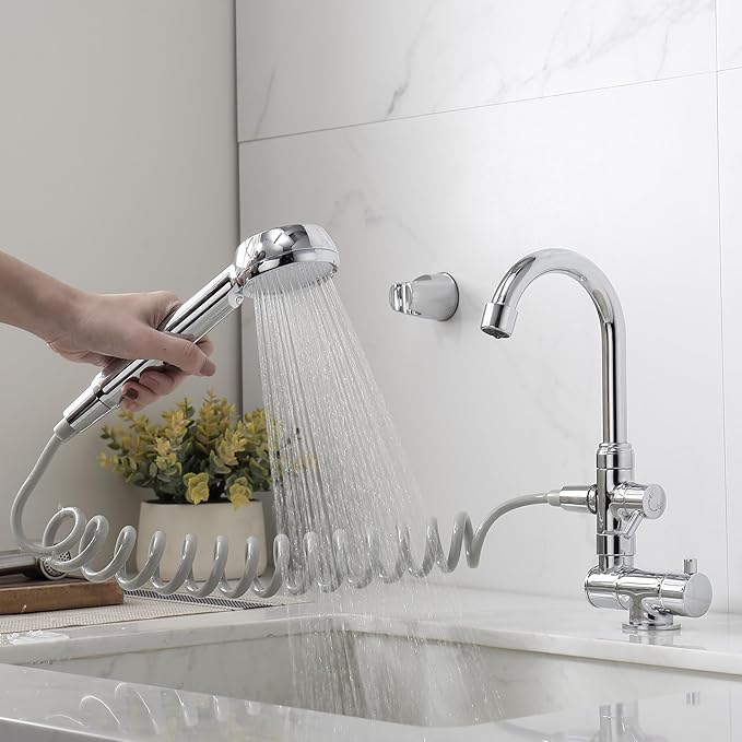Bropury Foldable Kitchen Faucet,360 Degree Rotation Bathroom Sink Water Taps,Cold and hot Water Faucet with handshower,Faucet for RV Caravan Camper Marine Boat Camping Yacht Bar(Chrome)
