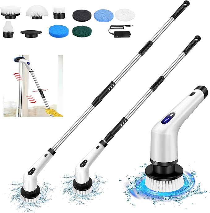 Electric Spin Scrubber Rechargeable Cleaning Brush with 10 Replaceable Brush Heads, 360° Rotating Brush Head, Cordless Bathroom Scrubber for Cleaning Tile, Sink, Window, Floor, White, FT