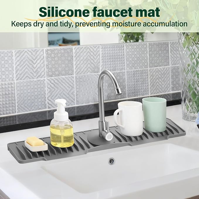 Silicone Faucet Splash Guard Mat for Kitchen Sink - Fast-Drain, Non-Slip Countertop Protector, Water Catcher Tray Behind Faucet, Easy Clean Silicone Drip Mat, 24"x 5.51"