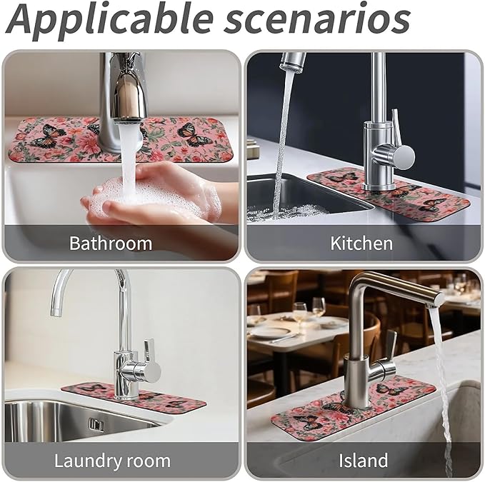 Kitchen Sink Splash Guard，Pink butterfly flower Faucet Mat Sink Gadgets-Super Absorbent Fast Drying Mat Drip Catcher for Kitchen, Bathroom,Sink Mat, Dish Drying Mat, Bathroom(15" X 5.5" )