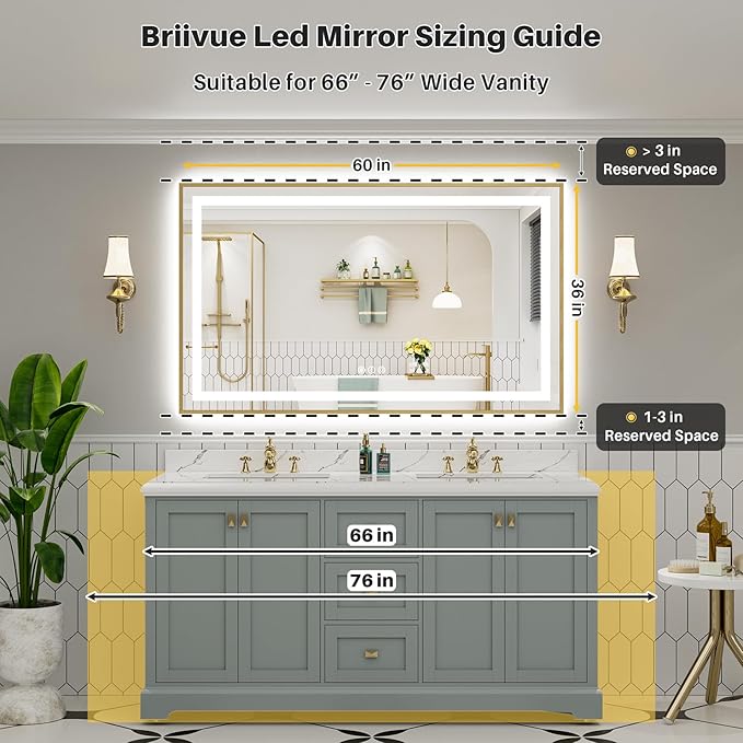 60x36 Inch LED Bathroom Mirror with Gold Frame, Backlit & Front Lit, Anti-Fog Lighted Bathroom Vanity Mirror for Wall, Memory Function, Dimmable, HD Tempered Glass, Shatter-Proof