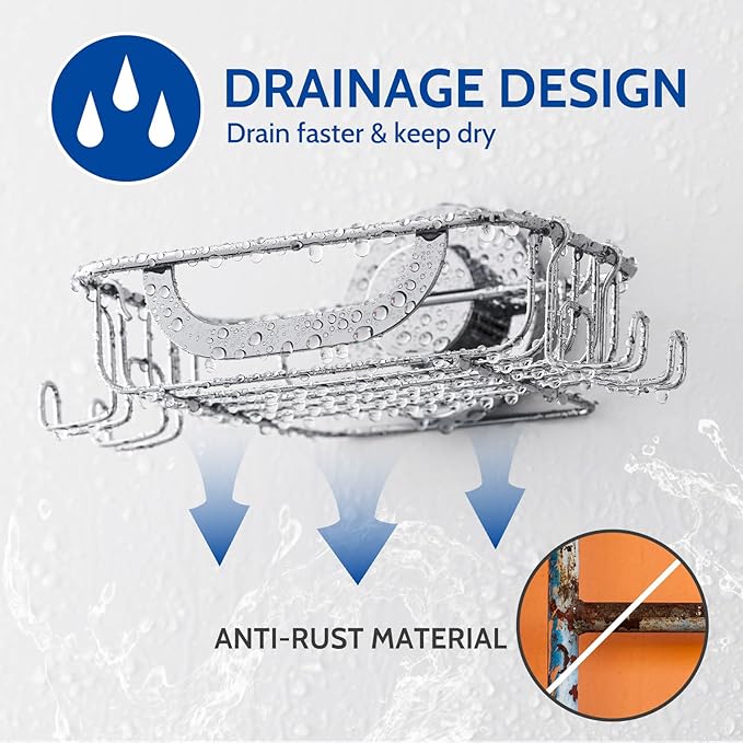 Soap Dish Soap Bar Holder Suction Cup with 4 Hooks, Stainless Steel Soap Saver Tray for Shower Wall, Bathroom, Kitchen, Rustproof No Drilling Bar Soap Holder, Silver