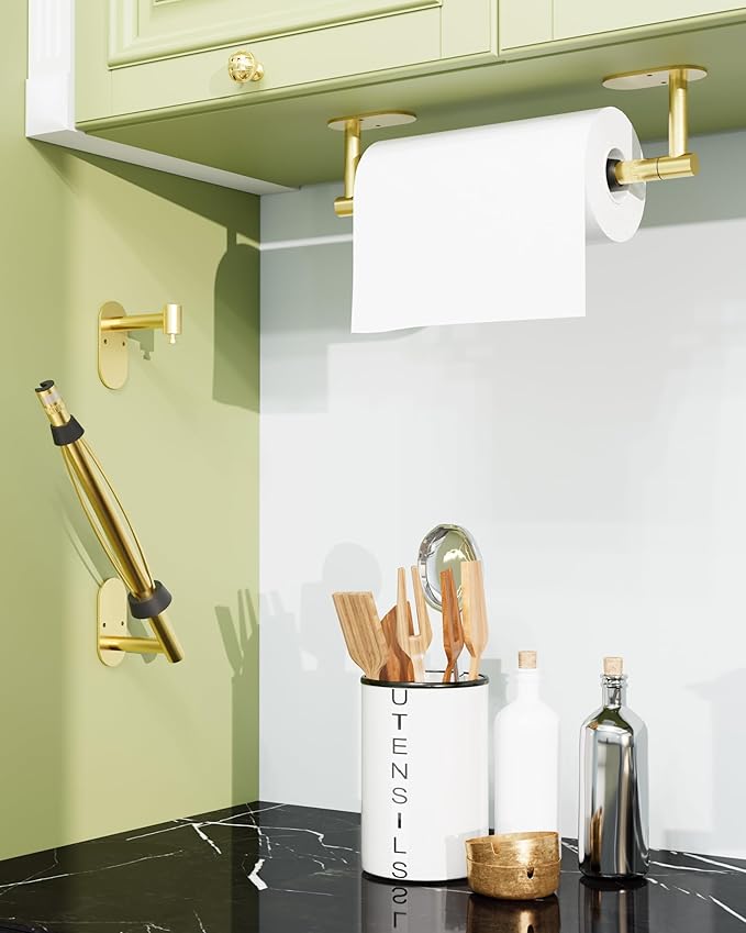 Paper Towel Holder Under Cabinet, Single Hand Operable Roll Holder with Damping Effect,No Drilling or Wall Mounted SUS304 Stainless Steel for Kitchen Bathroom (Brushed Gold)