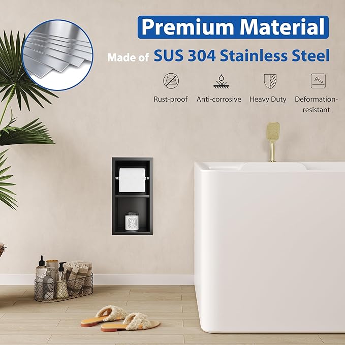 Recessed Toilet Paper Holder, 304 Stainless Steel Bathroom Toilet Paper Holder with Storage, in Wall Tissue Toilet Roll Holder, Matte Black