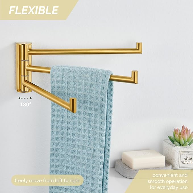 Angle Simple Swivel Hand Towel Rack, SUS 304 Stainless Steel Foldable 3 Towel Holder Bars for Bathroom Kitchen, Brushed Dark Gold