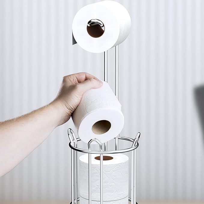 Meangood Toilet Paper Holder Stand and Tissue Paper Roll Dispenser for 4 Mega Rolls, Bathroom Free Standing Tissue Roll Storage Holder Rack, Metal Wire Silver