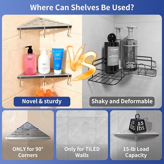 2 Pack Corner Shower Shelf,10" 304 Stainless Steel Bathroom Shelves Add 6 Hooks 40 lbs Heavy Duty Capacity Durable Bathroom Shower Shelf for Inside Shower Drilling Installation (Silver)
