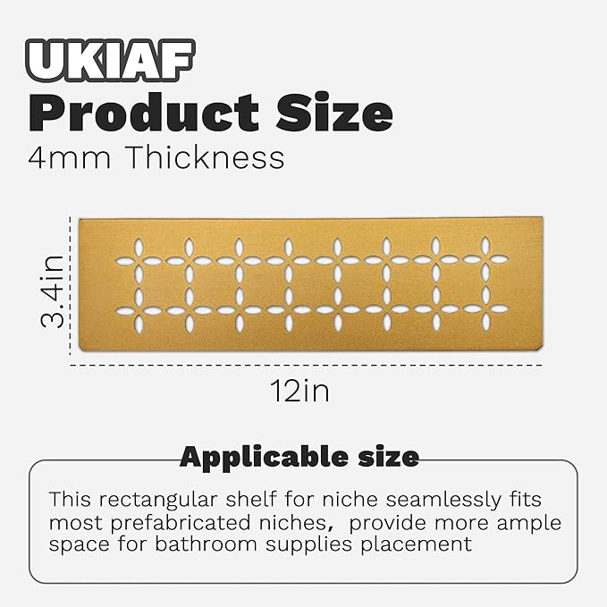 12 Inch Frosted Golden Aluminum Material Shower Niche Shelf Rectangular Bathroom Niche Shelf with Floral Design Fits Prefabricated Tile Niches 1 Pack