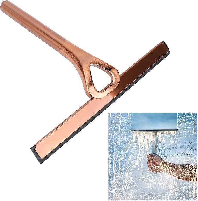 304 Stainless Steel Silicon Shower Squeegee Scrubber, Multifuntional Bathroom Cleaner Wiper for Shower Glass Door with Adhesive Hook, Mirrors, Bathrooms,Kitchens (Antique Brass)