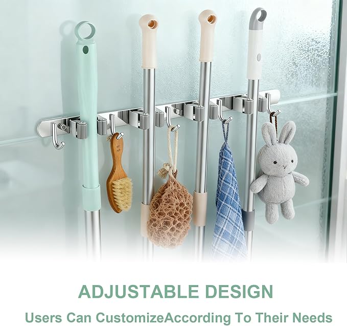 Broom Holder Wall Mount, Stainless Steel Mop and Broom Organizer, Heavy Duty Storage Rack with 4 Racks 5 Hooks for Garage Kitchen Laundry Room Garden Bathroom(Gray)