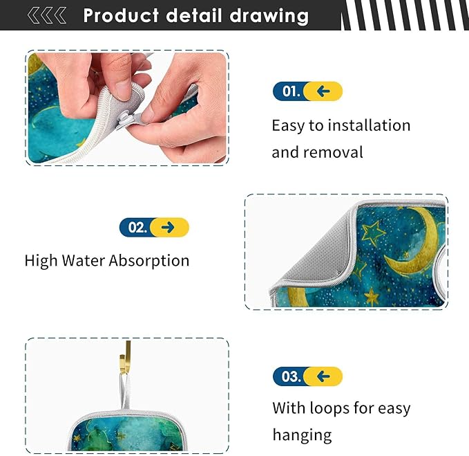 Sink Faucet Absorbing Mat Kitchen Sink Splash Guard Splash Faucet Drip Catcher for Bar RV Bathroom 2PCS 30x5.5in Watercolor Moon Star Green