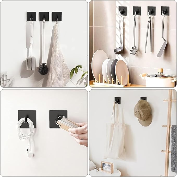 4-Pack Adhesive Hooks – Heavy Duty Stainless Steel Stick-On Wall Hooks for Bathroom, Kitchen, Doors, and Cabinets – Waterproof, Rust-Resistant, No Drill Required (Black/Silver)
