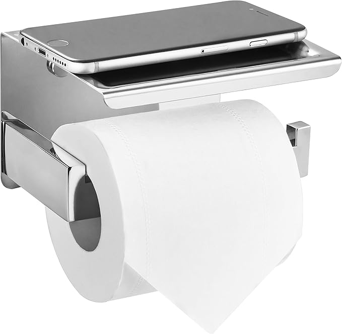 HITSLAM Toilet Paper Holder with Shelf, Stick on Chrome Tissue Roll Holder Self Adhesive or Wall-Mount with Storage Shelf for Bathroom