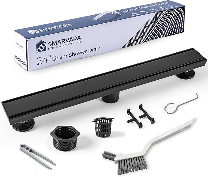 Linear Shower Drain 24 inch Matte Black with 2-in-1 Flat & Tile Insert Cover - 304 Stainless Steel Shower Floor Drain - Bathroom Drain with Reversible Cover & Hair Catcher - Includes Cleaning Tools