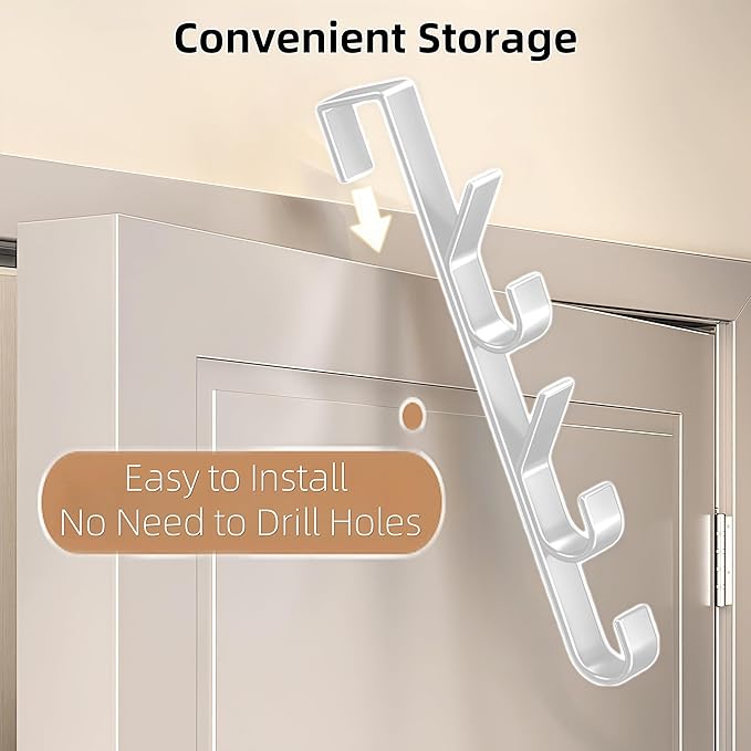 Over The Door Hooks, Door Hanger Hooks for Hanging Space Saving 5-Hook Organizer for Bathroom Apartment, Carbon Steel No Drill Hanger, Back of Door for Hanging Towel Rack, Clothes, Hat (2, White)