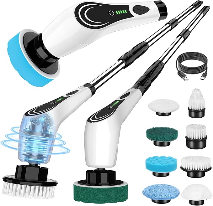 Electric Spin Scrubber, Cordless Shower Scrubber with 8 Brush Heads with Adjustable, 2H Power Dual Speed, Power Brushes with IPX7 Waterproof for Floor, Sink, Bathroom, Tile, White-qwrx3