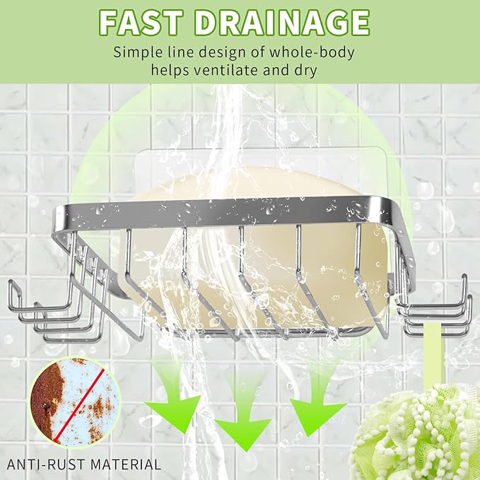 Soap Dish Holder, No Drilling, 304 Rustproof Stainless Steel, Wall Mounted Soap Holder Soap Tray Bar Soap Sponge Holder for Bathroom & Kitchen