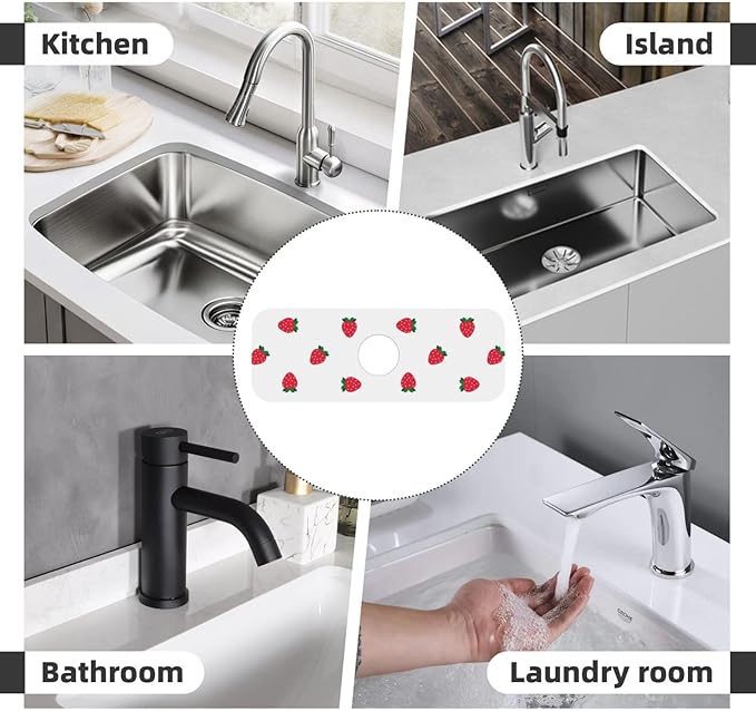 Strawberry Print Strawberries Kitchen Sink Splash Guard Faucet Mat Super Absorbent Fast Drying Mat Sink Gadgets-Fast Drying Pad Sink Mat For Kitchen Bathroom (15" X 5.5" )
