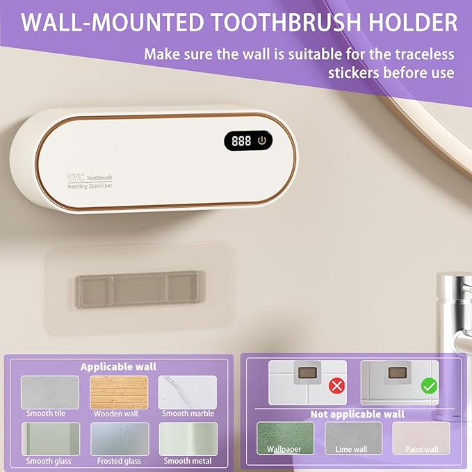 Toothbrush Holders for Bathrooms,Electric Toothbrush Holder with 24-Hour Smart Cycle Cleaning and hot air Drying, LED Display, Rechargeable Wall Mounted Tooth Brushing Holder (White)