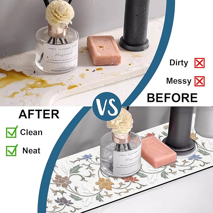 Art Ceramic Texture Sink Faucet Absorbing Mat Ceramic Flowers Super Absorbent Fast Drying Mat Sink Gadgets Behind Faucet Sinkmat for Kitchen Bathroom, 23.5"x5.5"