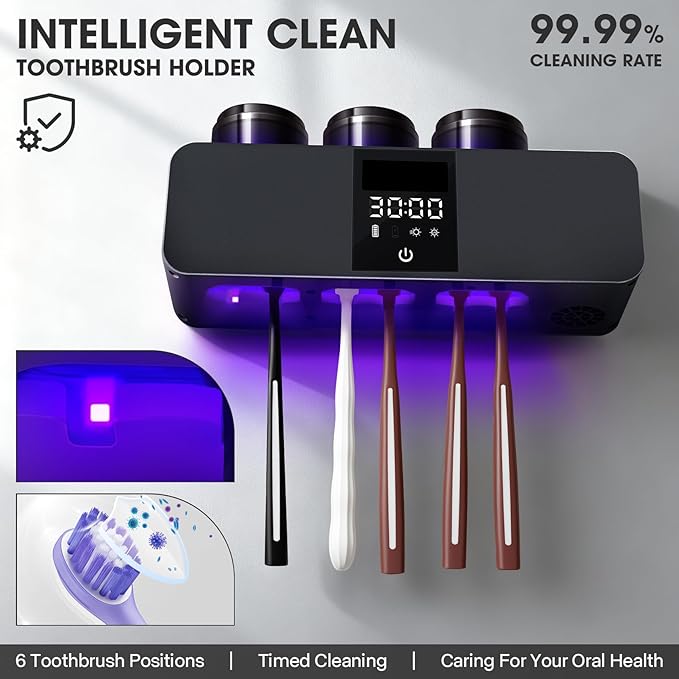 Wall-Mounted Smart Toothbrush Holder with Drying Function,Washroom Toothbrush Clean Holder No Drilling Required, with 3 Cups for Family (Black)