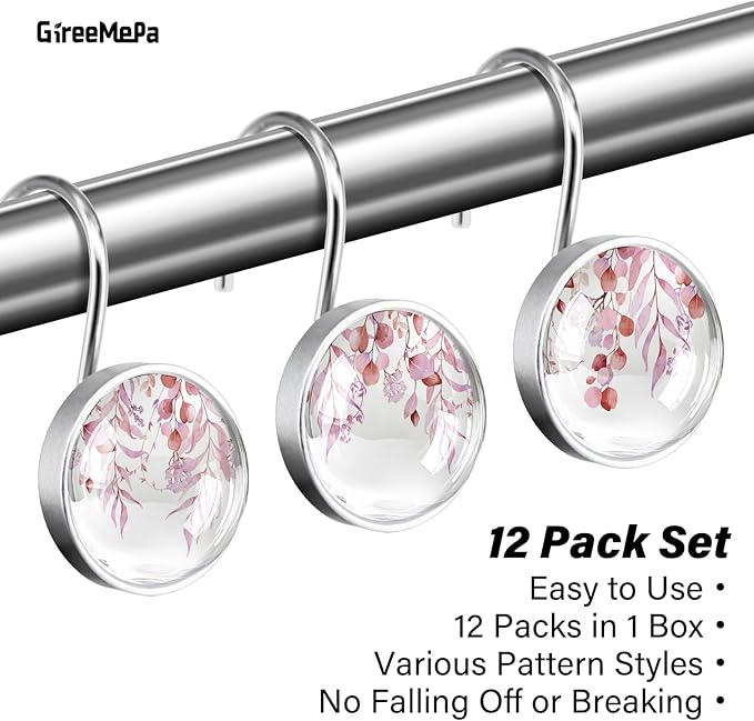 12 Pcs Pink Eucalyptus Shower Curtain Hooks - Decorative Shower Curtain Hooks Rings Set - Stainless Steel Round Resin Shower Rings Hangers for Modern Bathroom Home Bath Room Rods Decor