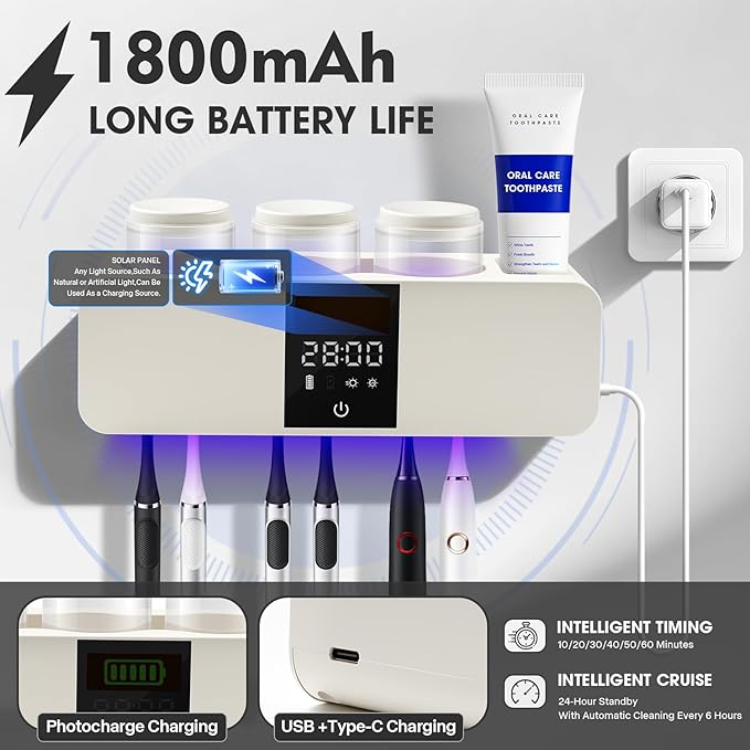 Wall-Mounted Smart Toothbrush Holder with Drying Function,Washroom Toothbrush Clean Holder No Drilling Required, with 3 Cups for Family (White)