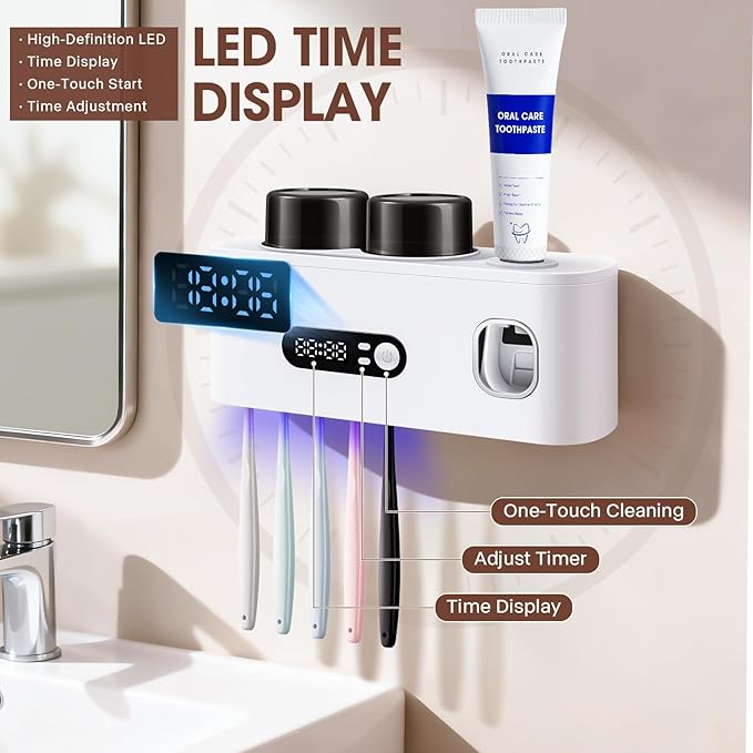 Upgrade Toothbrush Sterilizer,Toothbrush Holder for Bathroom,Tooth Brush Cleaning Tool with Toothpaste Dispenser Wall Mounted Type-C Charging with 2 Cups (White)