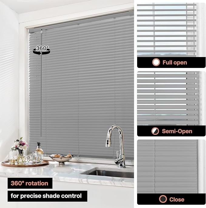 LazBlinds No Tools No Drill Cordless 1" Vinyl Mini Blinds, 100% Privacy S-Curve Blinds for Indoor Windows, Room Darkening Horizontal Window Blinds and Shades for Home, 40" W x 48" H, Grey