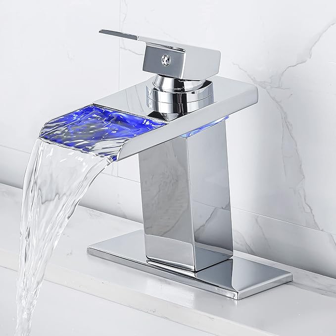 LED Bathroom Sink Faucet - Chrome Single Hole or 4 Inch Centerset Waterfall Faucet with Stainless Steel Spout and Temperature-Sensitive LED Lights, Includes Deck Plate