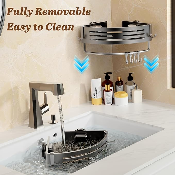 Corner Shower Caddy Suction Cup, 2 Pack Shower Shelves Corner No Drilling, Aluminum Shower Organizer Suction Cup, Removable Bathroom Storage Rack with Towel Bar & Hooks(Gray)