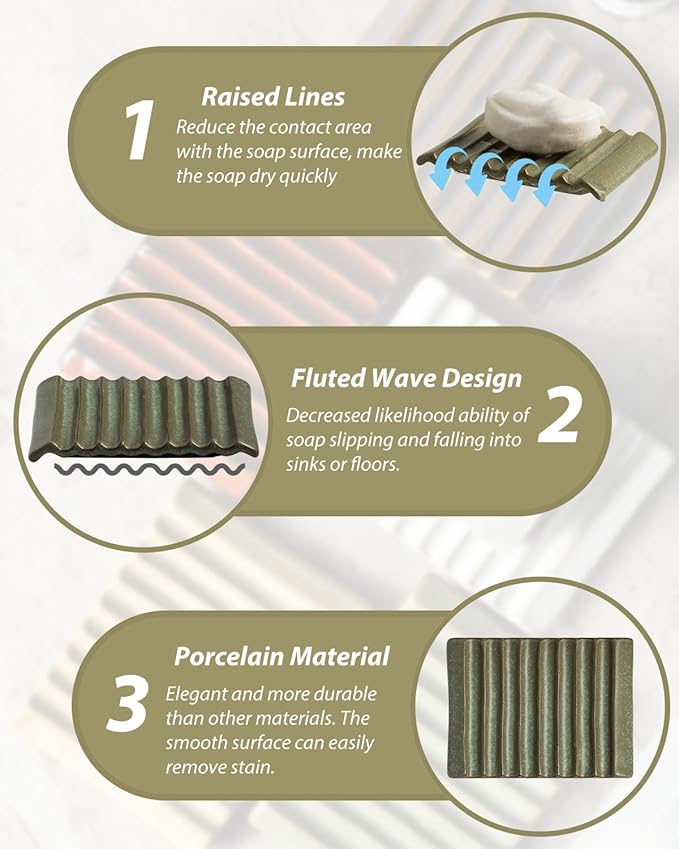 Soap Dish, Ceramic Soap Holder Bar Soap Saver Non-Slip Bathroom Accessories for Sponges, Scrubber, Razor, Green