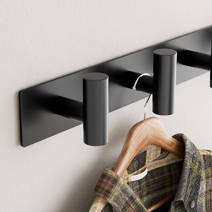 Black Wall Mounted Coat Rack – 5 T-Shaped Pegs for Hats, Bags & Towels, Heavy-Duty Metal Rail for Entryway, Bathroom, Closet, Bedroom (1 Pack)